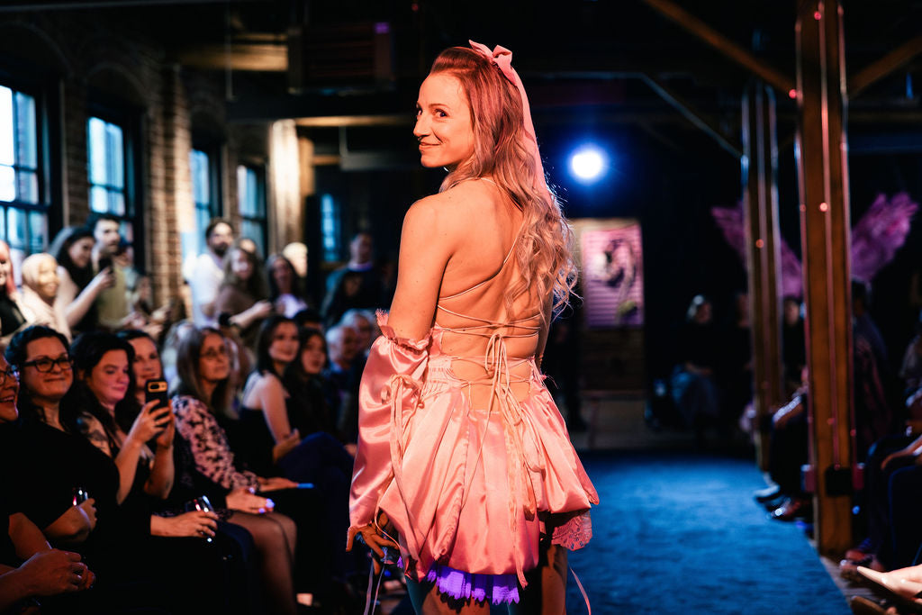 Corset-Back Mini Dress with Vintage Lace Pink