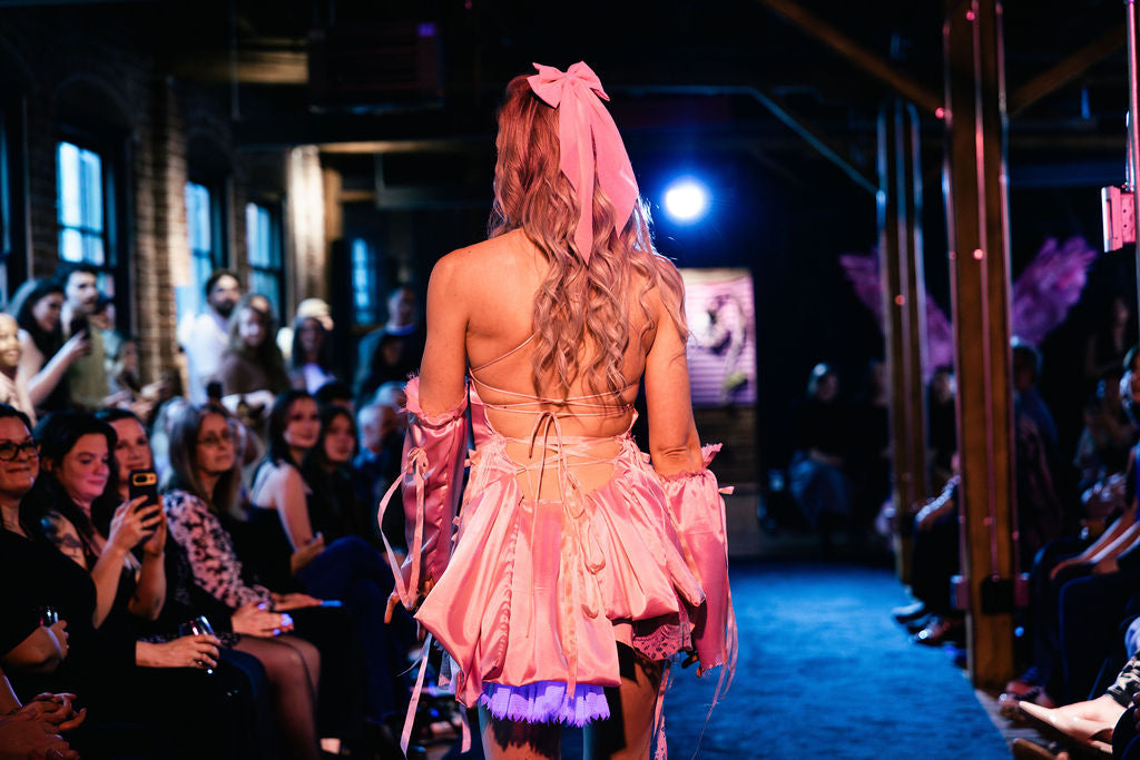 Corset-Back Mini Dress with Vintage Lace Pink