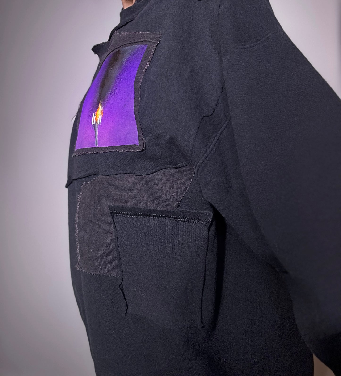 Upcycled Black Crewneck with Painted Denim Patch