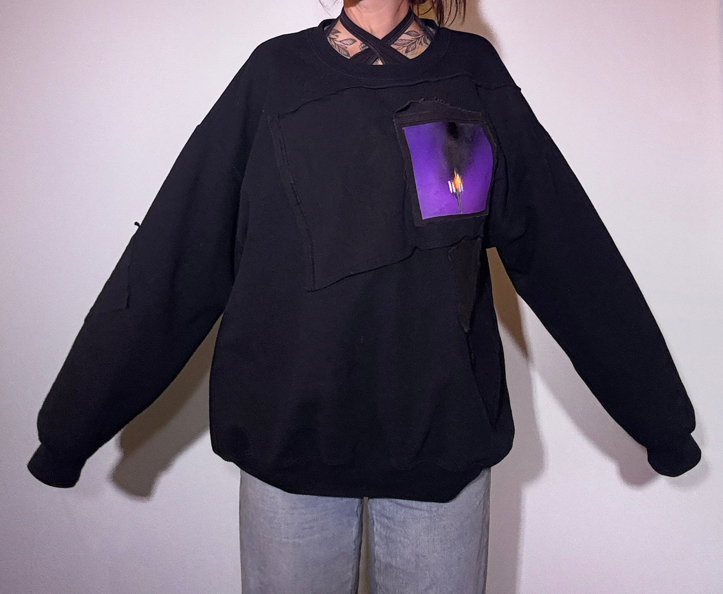 Upcycled Black Crewneck with Painted Denim Patch