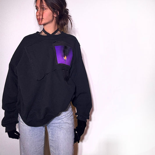 Upcycled Black Crewneck with Painted Denim Patch