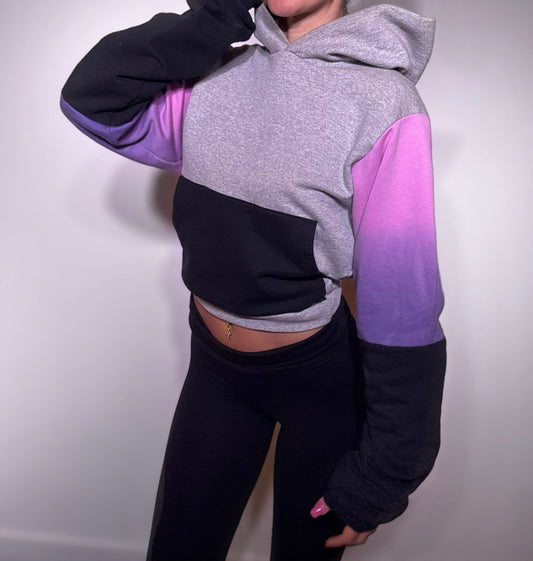 Reworked Cropped Hoodie with Tie-Dye Block Sleeve